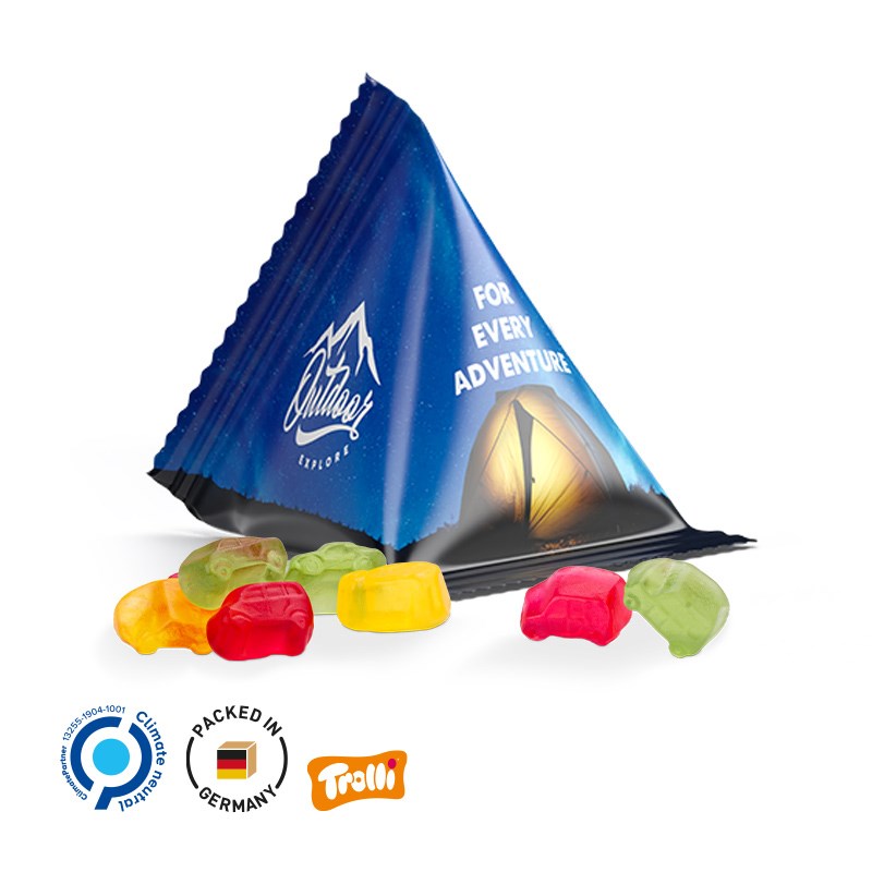 Fruchtgummi Tetraeder, Folie weiß, Trolli Fruchtgummi Auto-Mischung, 10% Fruchtsaft